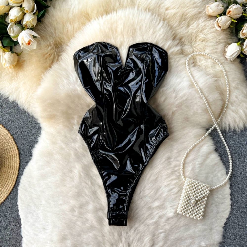 SEXY BLACK FAUX LEATHER CORSET BODYSUIT
